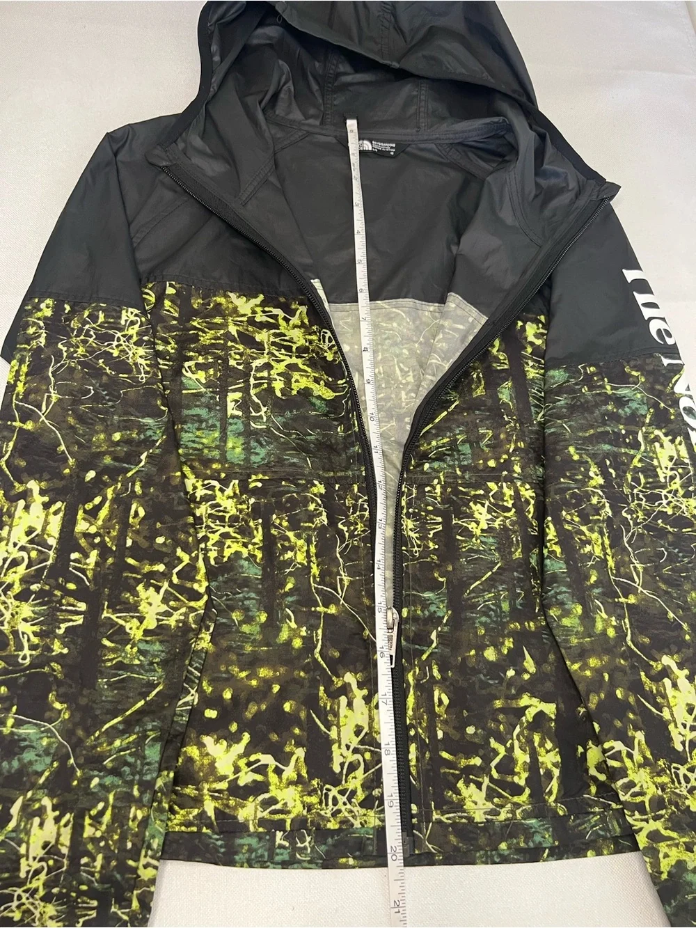 The North Face Kids Black Hooded Rain Jacket with Neon Green Print